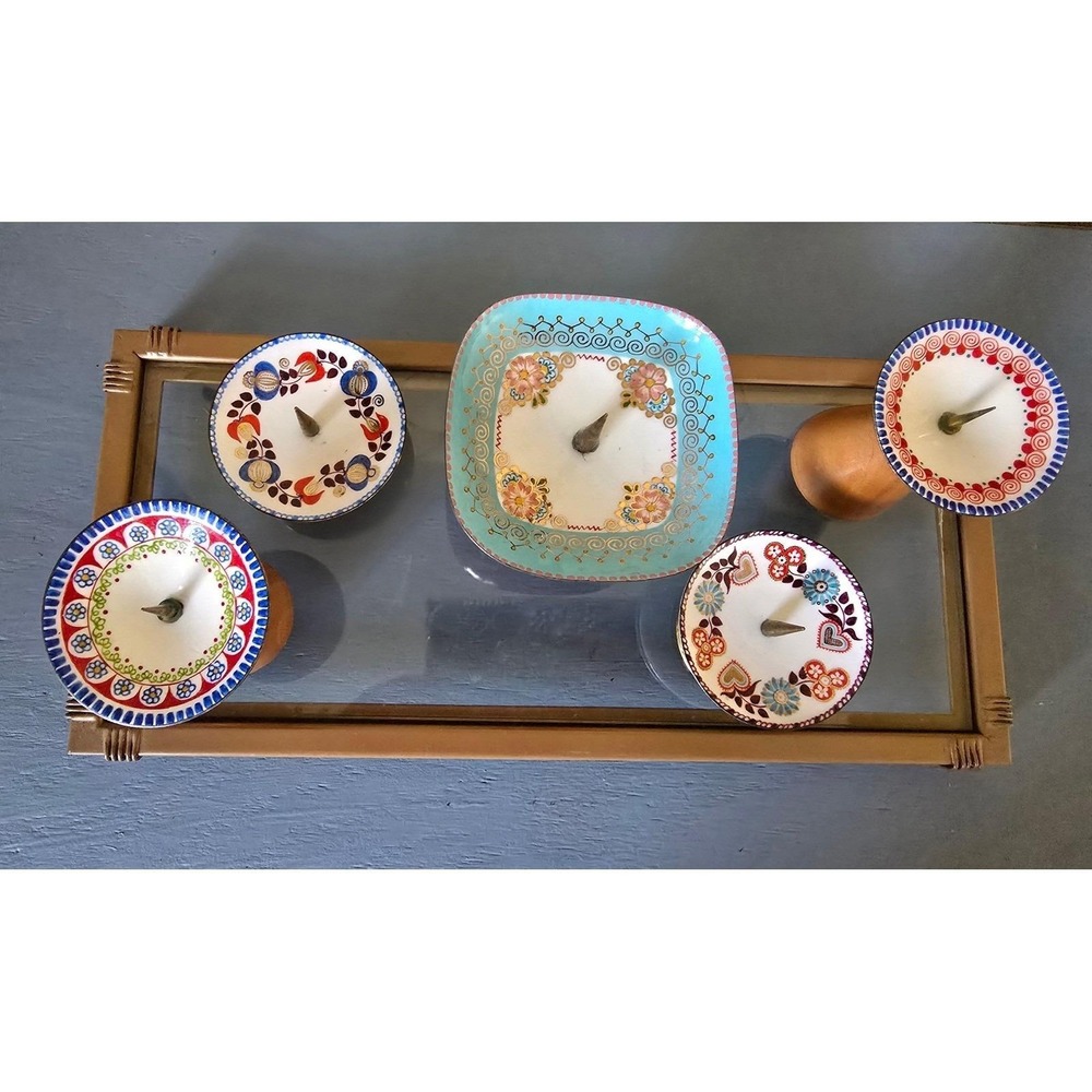 Mid Century Austrian Enamel Candle Holders Set 5 Tray Handmade Vintage Steinbock - Picture 5 of 6